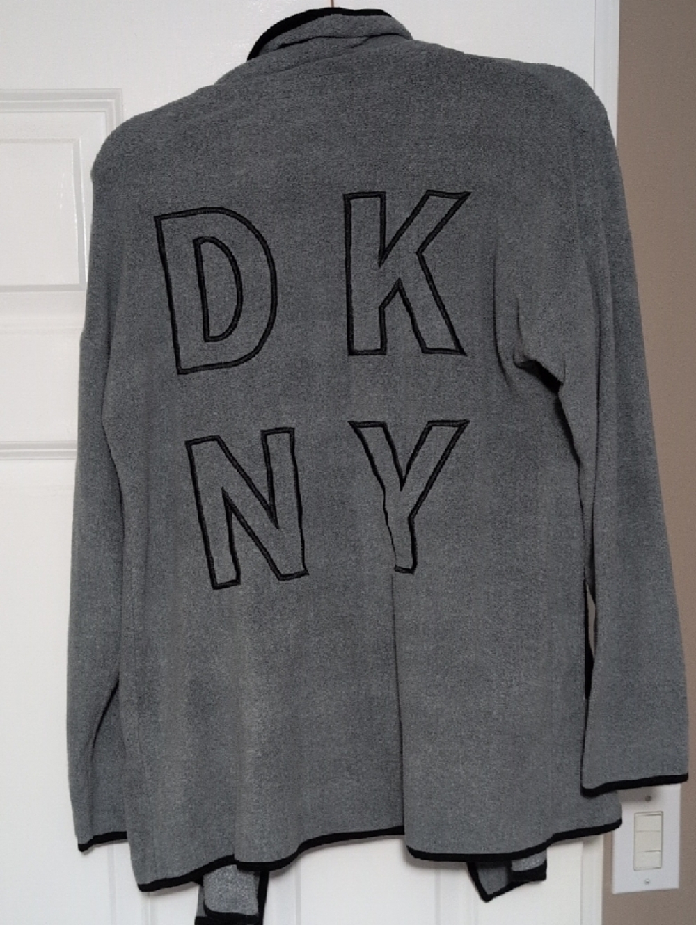 DKNY Gray Draped Open Cardigan with Black Trim